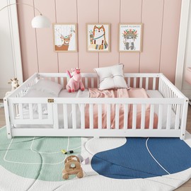 Full Size Floor Bed Frame with Slats and Safety Guardrail, Wood Full Size Montessori Floor Bed with Door and Fence, Easy Assemble Montessori Beds for Kids, Girls, Boys, White