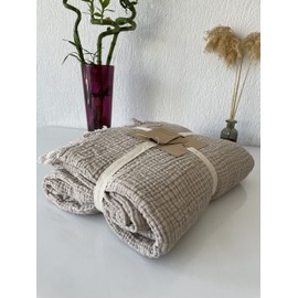 Muslin Blanket 100% Cotton, 4 Layers Bedspread, Soft Turkish Cotton Muslin Bed Cover, Reversible Coverlet, Beige (Full/Queen Size 91x95-230x240cm)