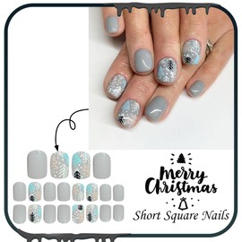 Christmas Press on Nails Short Square Glue on Nails with Blue Christmas Tree Design White Snowflake Fake Nails Glossy Full Cover Gray False Nail Winter Holiday Xmas Stick on Nail for Women 24Pcs