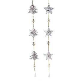 TEMPELWELT 2 x Decorative Star Tree Pendants, 77 cm Long, Metal White Gold, Wooden Pendant, Decorative Garland, Decorative Chain, Window Decoration, Winter Decoration, Stars, Fir Tree