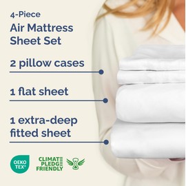 Air Mattress Sheet Set for Queen Size - 4 Piece Breathable & Cooling Sheets w/ Extra Deep Pockets - Fits Inflatable & Blow Up Air Mattresses Up to 24 Inches Thick - Ultra Soft & Wrinkle Free - White