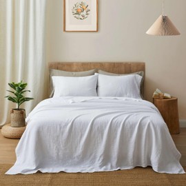ATLINIA 100% Pure Flax Linen Bedding Set - Stone Washed French Linen Fabric Deep Pocket Fitted Sheet Farmhouse Flat Sheet 2 Pillowcases (White, King)