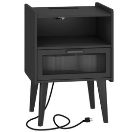 MMEOLUOOK MMEOLUOOK Nightstand with Charging Station, Bedside Tables, End Table Side Table with 2 Tiers Storage Space, for Bedroom, Living Room, Black MLBZ07BE