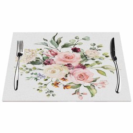 Walmsco Placemats Roses Hydrangeas Plants Watercolor Decor For Dining Room Kitchen Table,Waterproof Non-Slip Washable Heat Resistant Placemats,Set of 4,12"x18"