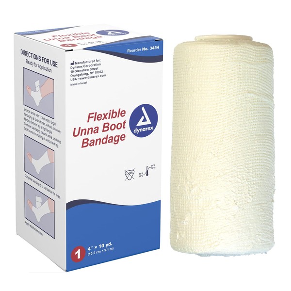 Dynarex Unna Boot Bandage, Individually Packaged, Provides Customized Compression as Treatment for Leg Ulcers with Zinc Oxide, Soft Cast, White, 4” x 10 yds, 1 Bandage
