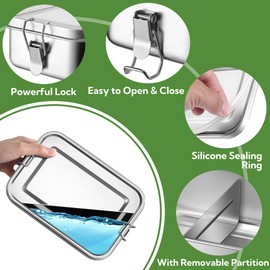 Joyfair Lunch Box, Stainless Steel Bento Box with Bag, Metal Compartment Lunch Food Storage Containers for Adults and Kids, Lockable Clips & Removable Divider, Leak Proof & Dishwasher Safe, 850ml