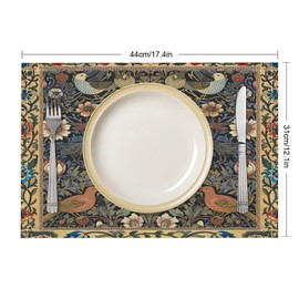 William Morris Bird Placemats Retro Bird Elegant Animal Pattern Linen Washable Table Mats Stain Heat-Resistant Desktop Decor Place Mats for Home Kitchen Dining Party 12x18 in 6 PCS