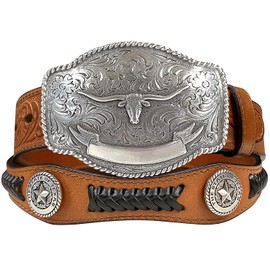 State of Texas Star Conchos Western Longhorn Buckle Embossed Full Grain Leather Belt 1-1/2" (38mm) Wide (Brown, 40)