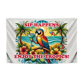 3x5 Feet Flag with 4 Brass Grommets - Tropical Parrot with Colorful Margarita Tapestry - "Sip Happens Enjoy the Tropics" Quote Poster - Bright Outdoor Flag for Summer Celebrations