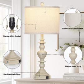 27" Farmhouse Lamps Set of 2 with USB C+A Ports & AC Outlets, Vintage Rustic Touch Control Table Lamp for Living Room, White Resin Washed 3-Way Dimmable Traditional Nightstand Bedside Lamp for Bedroom