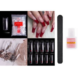 500 x False Artificial French Nail Kit Coffin, Ballerina Pointy Nail Art Acrylic Tips + Glue 10g + Nail File Nail extension Kit White Clear Natural fake nails with glue (KIT 07 CLEAR TIPS)