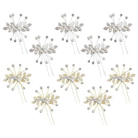 10PCS Pearl Floral Hair Pins, Crystal Golden Hair Pins, Rhinestone Bride Wedding Pins, Bridal Floral Leaf Head Dress, Hair Accessories for Women Bride