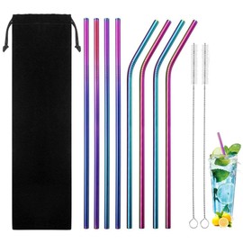 Juego de 8 Popotes para Bebidas, Pajitas de Acero Inoxidable, Popotes Metálicos Reutilizables de 21.5 cm para Cocteles, Incluye Cepillo de Limpieza Largo, Perfectos para Vasos de 20 y 30 Onzas