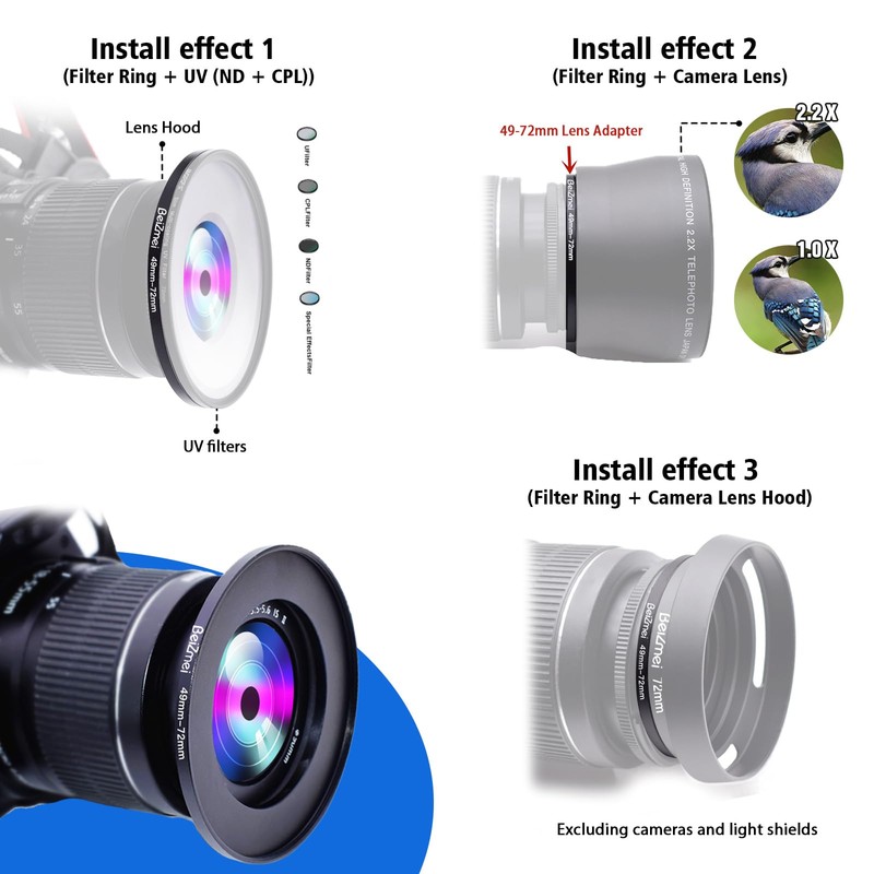 49mm to 72mm Rings Filter Adapter Compatible with All 49mm