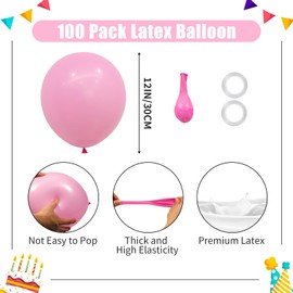 PatiCool Pink Balloons - 12 inch 100pcs Latex - Round Matte Pink Birthday Balloons with 2 Ribbons, Helium Pink Balloons for Birthday Wedding Anniversary Baby Shower Gender Reveal Party Decorations