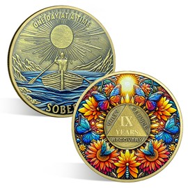 ACGZQY Sobriety Coin, 9 Year Sunflower Butterfly Sobriety Chip AA Coin and Medallions One Day at A Time Sober Token Narcotics Alcoholics Anonymous Recovery Gifts