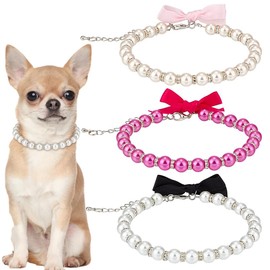 MAYJOYDIY 3Pcs 3 Colors Rhinestones & Pearl Dog Cat Collar 9.84 inch Pet Necklace with Bling Accessories and Ribbon Bow for Puppy Kitten Wedding Birthday Party Clothes Costume(Red White Pink)