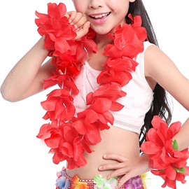 ZCMG Hawaiian Leis Headband Wristbands Hawaii Tropical Luau Flower Women Necklace Headpiece Hair Bands Hairband Bracelets Beach Summer Pool Wedding Cosplay Birthday Dress Up Party Supplies Red