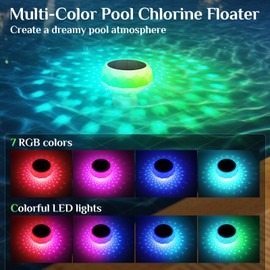 Solar Pool Chlorine Floater, Swimming Pool Chlorine Tablet Floater with Colorful Light, Fits 4x3inch Chlorine Tablets, Remote Control LED Lights Pool Chlorine Dispenser for Energy-Free Clean