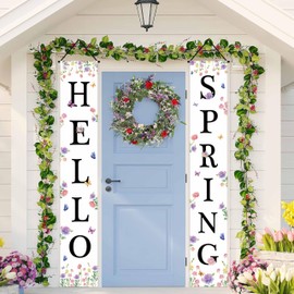AIBIIN Hello Spring Porch Banner Sign Decorations Spring Door Front Door Decorative Hanging Floral Butterfly Banner Porch Decorations Outdoor for Home Office Holiday 70.8x11.8 inch