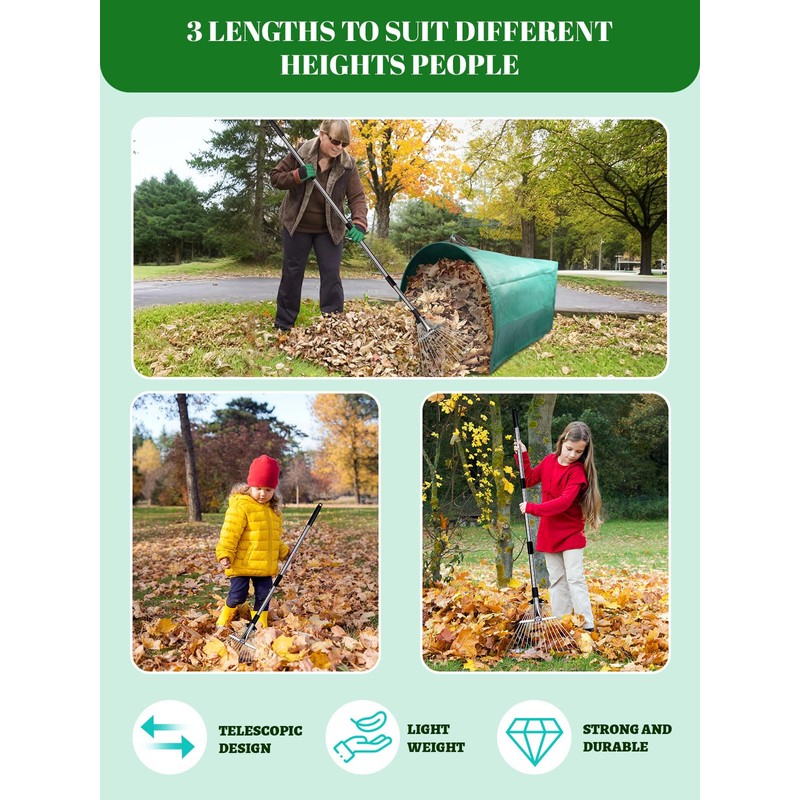Adjustable Metal Leaf Rake Set Garden Rake for Leaves Long