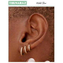 Thunaraz 5 Pairs Small Hoop Earrings for Women 14K Gold Plated Tiny Huggie Hoops Sterling Silver Post Mini Cartilage Earring Hoop Pack Hypoallergenic Lightweight Ear Piercing Earrings Set Gold CZ Hoop