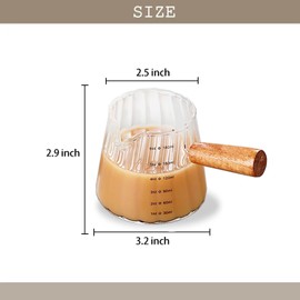 FYUEROPA 2 Pcs Glass Milk Creamer, Creamer Pitcher with Wood Handle, Measuring Cups with Spout, Coffee Milk Serving Cup Espresso Accessories, 180ML