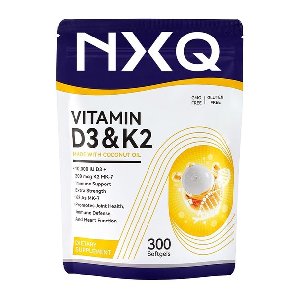 NXQ D3 K2 Vitamin Supplement,300 Softgels, 2-in-1 Bone, Immune &