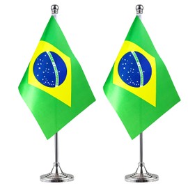 WXTWK 2 Pack Brazil Flag Brazilian Desk Flag Small Mini Brazilian Table Flags With Stand Base,Home Office Festival Events Celebration Decorations