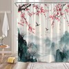 Cherry Blossom Mountain Shower Curtain,Pink Floral Misty Forest Asian Japanese