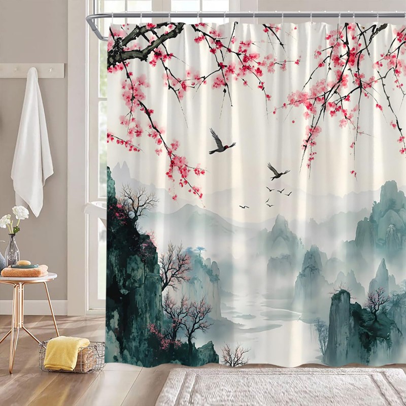 Cherry Blossom Mountain Shower Curtain,Pink Floral Misty Forest Asian Japanese