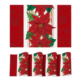 Artoid Mode Poinsettia Red Christmas Vinyl Placemats Set of 4, 12x18 Inch Wipeable Winter PVC Woven Table Mats for Party Kitchen Dining Decor