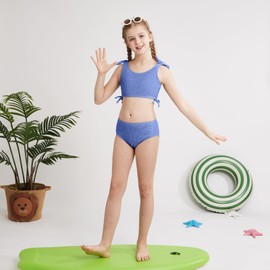 Bkixhv Girl's 2 Piece Size 9-10 Bathing Suit Solid Cute Bowknot Sport High Waist Wave Texture Bikini Set Summer Swimsuit Purple