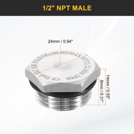 sourcing map 304 Stainless Steel Pipe Plug Fitting 1/2" NPT Male Thread Outer Hex Head Cap Hexagonal Head Bung Plugs Fittings with Sealing Rubber Ring for Air Water Oil Gas Tube