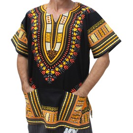 RaanPahMuang Brand Unisex Bright African Black Dashiki Cotton Shirt, X-Large, Yellow and Orange