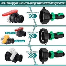 275-330 Gallon IBC Tote Hose Adapter, 3 Sizes IBC Tote Adapter - 2.44" Fine, 2" Fine, 2" Coarse Thread IBC Tote Fittings + 3/4" GHT Garden Hose Shut-Off Valve with Leak-proof Tape & Washer
