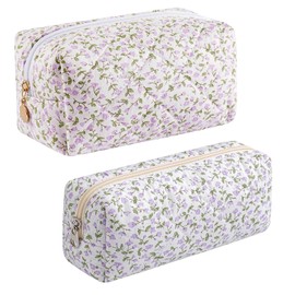 JOVAKIT 2Pcs Makeup Bag Quilted Cosmetic Bag for Women Girls, Floral Coquette Cotton Toiletry Zipper Make Up Pouch, Travel Storage Organizer Pouch (Purple Floral)