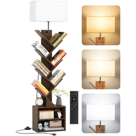 OUTONLIFE 9 Tier Tree Bookshelf with Lamp, Remote, Timer & Storage Cabinet, Dimmable Modern Tall Floor Standing Corner Book Shelf, Small Narrow Wood Bookcase for Living Room, Bedroom, Office (Walnut)