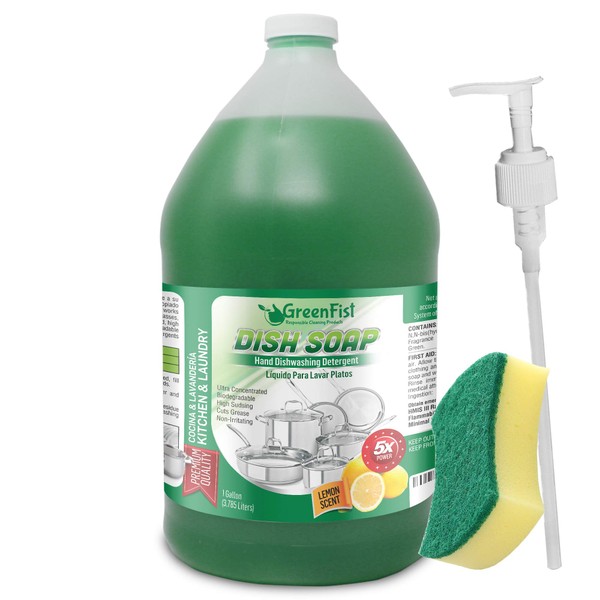 GreenFist Green Dish Soap [ Lemon Scent ] Manual Pot & Pan Professional Detergent Liquid Refill Pot & Pan Dish-Wash - Light or Heavy Use , 128 ounce ( 1 Gallon) (1 Gallon W/ Sponge & Pump)