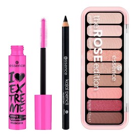 essence - Pack de Maquillaje para Ojos: Paleta The Rose Edition 10 g + Máscara I Love Extreme Crazy Volume 12 ml + Lápiz Kajal Negro 1 g, Sombras Rosadas y Nude, Volumen Extremo y Delineado Preciso