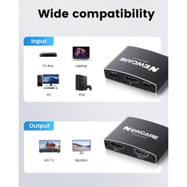 NEWCARE HDMI Splitter 1 in 2 Out, 4K@60Hz HDMI Splitter for Dual Monitors [with 3.9Ft High Speed Cable], 1x2 HDMI Splitter Switch to 2 Display Mirror/Duplicate, 1 Source to 2 Displays (Black)