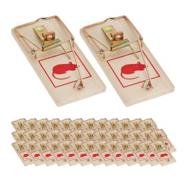 Relaxdays Mouse Traps Set of 40 Classic Mouse Traps Reusable Non-Toxic Impact Traps Metal Hanger Wood Natural