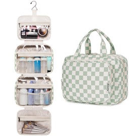 Narwey Hanging Travel Toiletry Bag for Women Wash Bag Cosmetics Makeup Bag Organizer for Travel Size Accessories(Mint Green Checkerboard (Medium))