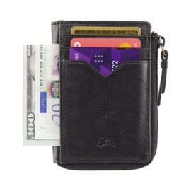 A-SLIM Compact Leather Card Holder Wallet with 2 Sided Zip + RFID Protection IRO (Black)