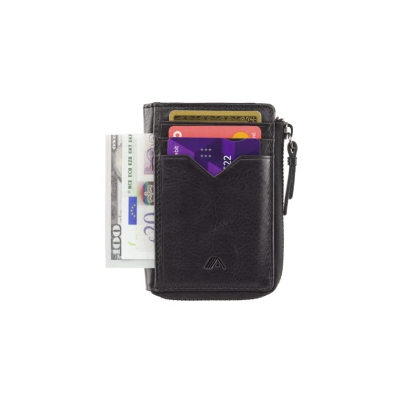 A-SLIM Compact Leather Card Holder Wallet with 2 Sided Zip