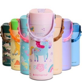 Elemental Insulated Kids Water Bottle, Stainless Steel Water Bottle with Straw Lid & Pop-It Handle, Leak-Proof Water Bottles for School, Boys or Girls, Travelling and Sports, 18oz - Unicorn Rainbow