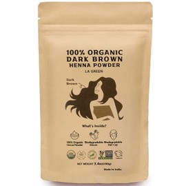 LA GREEN 100% Organic USDA DARK BROWN Henna Powder For Hair Dye - Natural Hair Color, Best For Hair, Soft Shiny & Healthy Hair, No Chemical or Additive, Including application gloves & hair cap - 100g