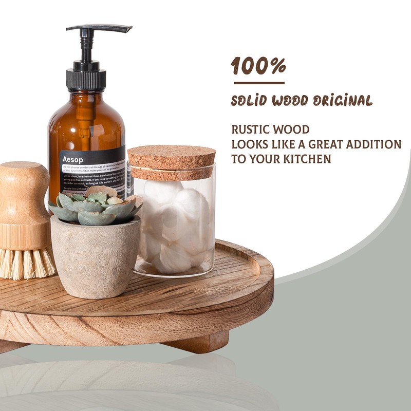 Round Decorative Tray Wood Bathroom Counter Organizer Farmhouse Kitchen Decor