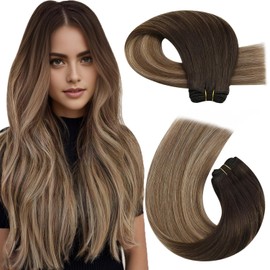 Moresoo Sew in Extensions Human Hair Balayage Weft Hair Extensions Chocolate Brown Ombre to Light Brown with Blonde Sew in Hair Extensions Double Weft Remy Hair Extensions #4/10/16 20 Inch 100g