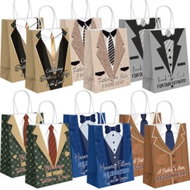 Kolldenn 12 Pcs Religious Father's Day Gift Bags Happy Father's Day Party Supplies Goodie Treat Candy Paper Bags with Handles for Best Dad Theme Gift Wrapping